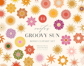 Retro Groovy Sun Digital Clipart Set - 70's Clipart - Retro Hippie Art - Psychedelic art - Boho - Individual PNG Files Logo Elements Flower