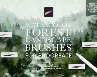 May include: An image showcasing watercolor forest landscape brushes for Procreate. The design features a forest scene in shades of green and gray, with text overlayed. A white stylus is in the foreground, and the Procreate logo is visible.