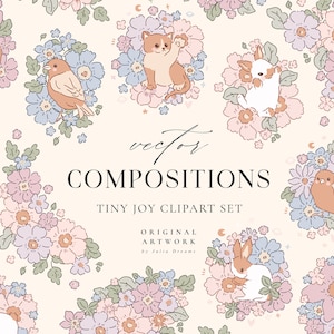 Tiny Joy Cute Animals Fiori Composizioni - Invito - Clipart Digitale - Illustrazioni Logo - Fiori Boho - Download Digitale - Pastello