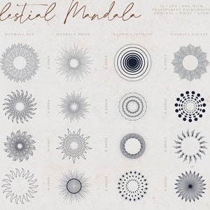 May include: A collection of celestial mandala designs in a variety of styles, including sunburst and geometric patterns. The designs are in shades of gray and white, with the words "Celestial Mandala" at the top.