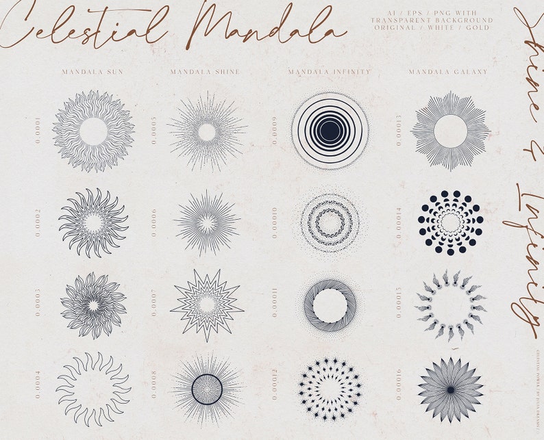 May include: A collection of celestial mandala designs in a variety of styles, including sunburst and geometric patterns. The designs are in shades of gray and white, with the words "Celestial Mandala" at the top.