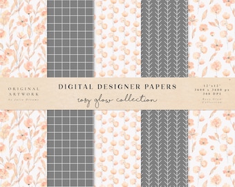 Rosy Glow Digital Paper - Watercolor Scrapbook Papers - Seamless Patterns - Digital Background - Printable Paper Set - Floral Blush Flower
