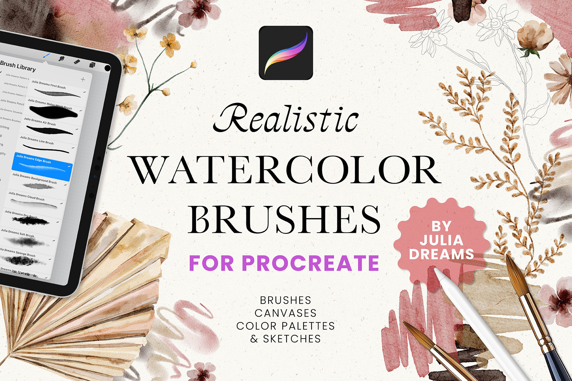 Realistic Watercolor Procreate Brushes & Magic Canvases Kit for iPad (Procreate 5+)