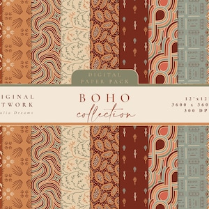 Boho Digital Paper - Scrapbook Paper - Seamless Patterns - Digital Background - Printable Paper Set - Boho Geometric Floral Modern Print