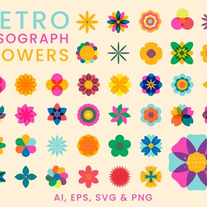 Retro Risograph Geometrische Blumen - Vektor Illustration - Individuelle PNG SVG - Logo Druck 70er Blumen - 90er 2000er Y2K - Modern Boho