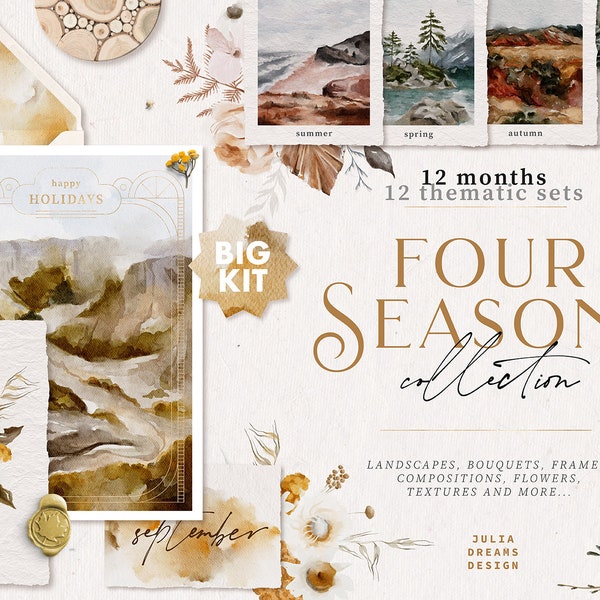 Four Seasons Watercolor Digital Clipart - Landscape Clip Art - Watercolor Flowers Frame Wreath - Individual PNG Files - Wedding Branding