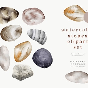 May include: Watercolor clipart set of eight stones in various shapes and colors, including gray, brown, beige, and black. The stones are painted in a realistic style, with subtle details and textures.