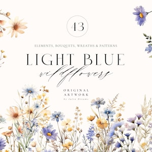Light Blue Wildflowers Watercolor Set - Digital Clipart - Individual PNG Files - Wedding Hand Painted Flowers Set - Borders Patterns Frames