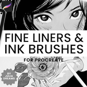 May include: A digital illustration of a woman's face with a flower in her hand. The image is used to advertise a set of fine liner and ink brushes for the Procreate app. The text "FINE LINERS & INK BRUSHES FOR PROCREATE BY JULIA DREAMS" is displayed on the image.