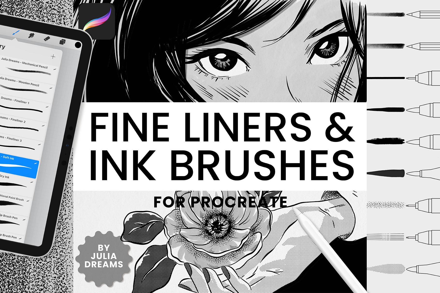 Kit de pinceles Procreate Fine Liner Ink – Micron Pen, lápiz, tramas halftone y pinceles de tinta para iPad