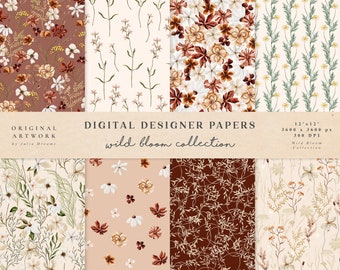 Wild Bloom Digital Papers - Scrapbook Papers - Seamless Patterns - Digital Background - Watercolor Paper Set - Meadow Flowers Autumn Floral