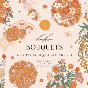 Groovy Boho Flowers Bouquet - Floral Logo Clipart - Arrangements - Wedding invite - Digital clipart PNG - Flower Clip Art Hand Drawn Floral
