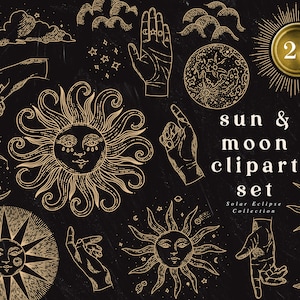 Zon & Maan Clipart Set Line Art - Zonsverduistering - Huwelijksuitnodiging - Hemelse Melkweg Illustraties- PNG Logo - Volle Maan - Zodiac Stars Hands