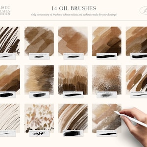 May include: A set of 14 oil brushes for Procreate, featuring various brush strokes and textures. The brushes are designed to create realistic and authentic oil painting effects.