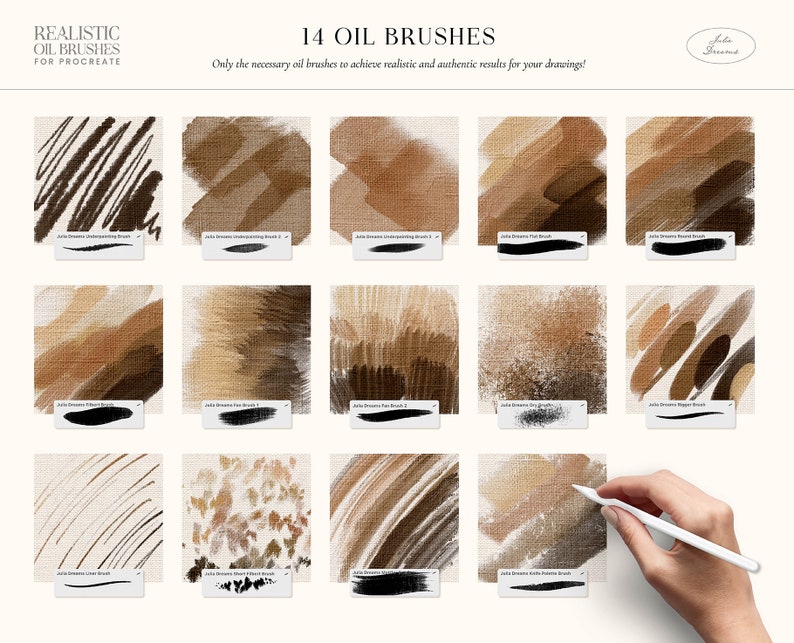 May include: A set of 14 oil brushes for Procreate, featuring various brush strokes and textures. The brushes are designed to create realistic and authentic oil painting effects.