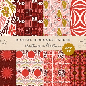 Christmas Red Digital Paper Set - Scrapbook Paper - Seamless Patterns - Digital Background - Printable Paper Set - Xmas Tree Snowflake