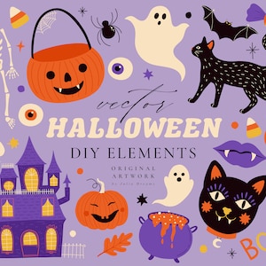 Halloween Clipart Set - Commercial Use - Instant Download - SVG PNG - Ghosts, Pumpkins, Cats, Candy, Bats, Spiders - Printable Clip Art