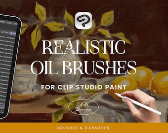 May include: A digital illustration of a set of realistic oil paint brushes for Clip Studio Paint. The image features a vase with yellow flowers, a hand holding a white stylus, and the text "Realistic Oil Brushes for Clip Studio Paint".