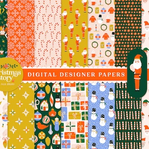 Christmas Story Digital Paper Set 2 - Santa Scrapbook Paper - Seamless Patterns - Digital Background - Printable Paper Set Tree Star Floral