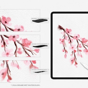 May include: A digital illustration of a pink cherry blossom branch painted with a wet-on-wet watercolor technique. The image shows the brush strokes and the final result of the painting. The text "Julia Dreams Wet Watercolor L" is visible at the bottom of the image.