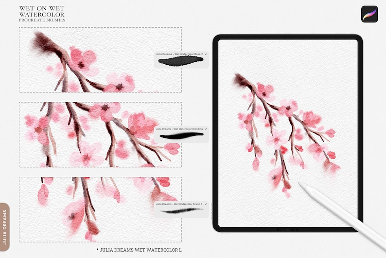 May include: A digital illustration of a pink cherry blossom branch painted with a wet-on-wet watercolor technique. The image shows the brush strokes and the final result of the painting. The text "Julia Dreams Wet Watercolor L" is visible at the bottom of the image.