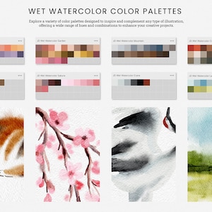 May include: A digital illustration of watercolor palettes with a variety of colors. The palettes are labeled with names like "Sunset", "Garden", "Mountain", "City", "Cat", "Sakura", "Crane", and "Landscape".