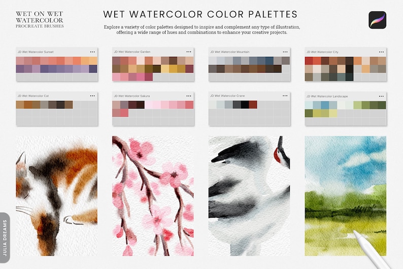 May include: A digital illustration of watercolor palettes with a variety of colors. The palettes are labeled with names like "Sunset", "Garden", "Mountain", "City", "Cat", "Sakura", "Crane", and "Landscape".