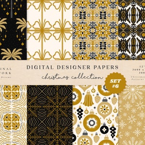 Gold New Year Digital Paper Set - Scrapbook Paper - Seamless Patterns - Digital Background - Printable Paper Set - Xmas Tree Snowflakes