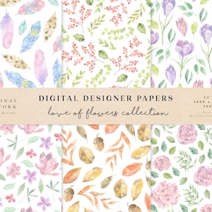 Digital Paper - Love of Flowers Scrapbook Papers - Seamless Patterns - Digital Background - Printable Paper Set - Watercolor Feather Floral