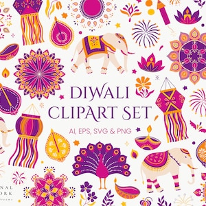 Conjunto de clipart de Diwali - download de pacote Svg - download instantâneo PNG - arte de parede de convite - vetor de comemoração da Índia - fogos de artifício de elefante Rangoli PNG