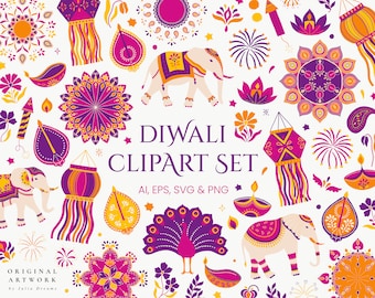 Può includere: Un set di clipart di Diwali colorato con elefanti, pavoni, lampade, fuochi d'artificio e mandala. Il clipart è perfetto per creare inviti, biglietti e altre decorazioni festive.