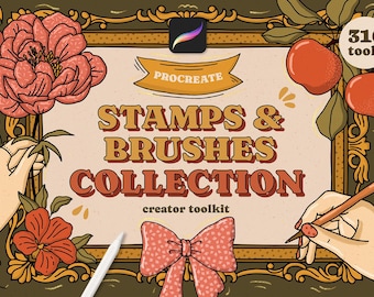 May include: A digital illustration of a vintage-style frame with the text "STAMPS & BRUSHES COLLECTION creator toolkit" and the Procreate logo. The frame is decorated with flowers, leaves, and a bow. The text "316 tools" is in a circle in the upper right corner of the image.