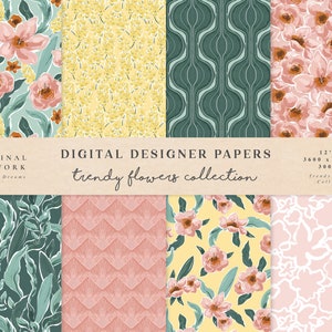 Trendy Flowers Digital Papers - Scrapbook Papers - Seamless Patterns - Digital Background - Watercolor Paper Set - Pink Peony Yellow Floral