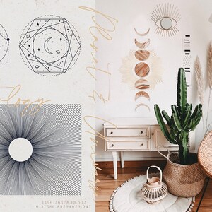 May include: An astrology-themed interior design scene. The image features celestial art prints, a cactus in a woven basket, and a rattan chair. The text "Astrology" is visible. The color palette is neutral with gold accents.