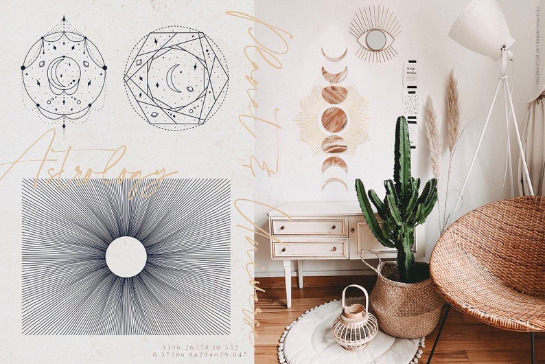 May include: An astrology-themed interior design scene. The image features celestial art prints, a cactus in a woven basket, and a rattan chair. The text "Astrology" is visible. The color palette is neutral with gold accents.