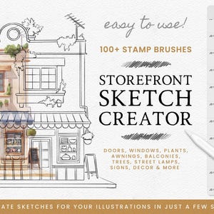 以下が含まれることがあります： 100種類以上のスタンプブラシを備えた、店先のスケッチ作成ツールをデジタルイラストで表現したものです。画像には、ドア、窓、植物、日よけ、バルコニー、木々、街灯、看板、装飾など、さまざまな要素が描かれた、店先の白黒線画が示されています。画像には、「使いやすい！」と「STOREFRONT SKETCH CREATOR」というテキストも含まれています。