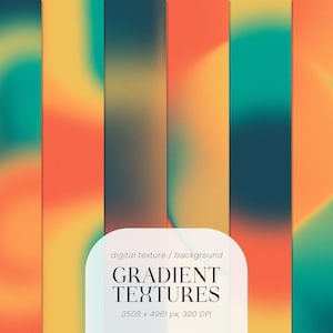 Può includere: Sei texture sfumate verticali nei toni dell'arancione, del verde acqua e del giallo. Il testo "GRADIENT TEXTURES" è visualizzato su un rettangolo bianco arrotondato. L'immagine include anche il testo "digital texture / background" e "3508 x 4961 px, 300 DPI".