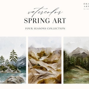 Arte de paisagem em aquarela de primavera - Fundos de primavera - Impressão de floresta de montanha para impressão - Arte de parede de férias - Download digital - Country Lake