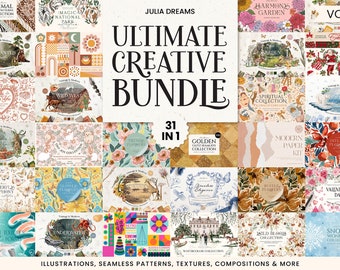 May include: A collage of 31 digital illustrations, seamless patterns, textures, and compositions. The images feature a variety of themes, including animals, nature, spirituality, and holidays. The title "Ultimate Creative Bundle Vol. 5" is displayed at the top of the collage.