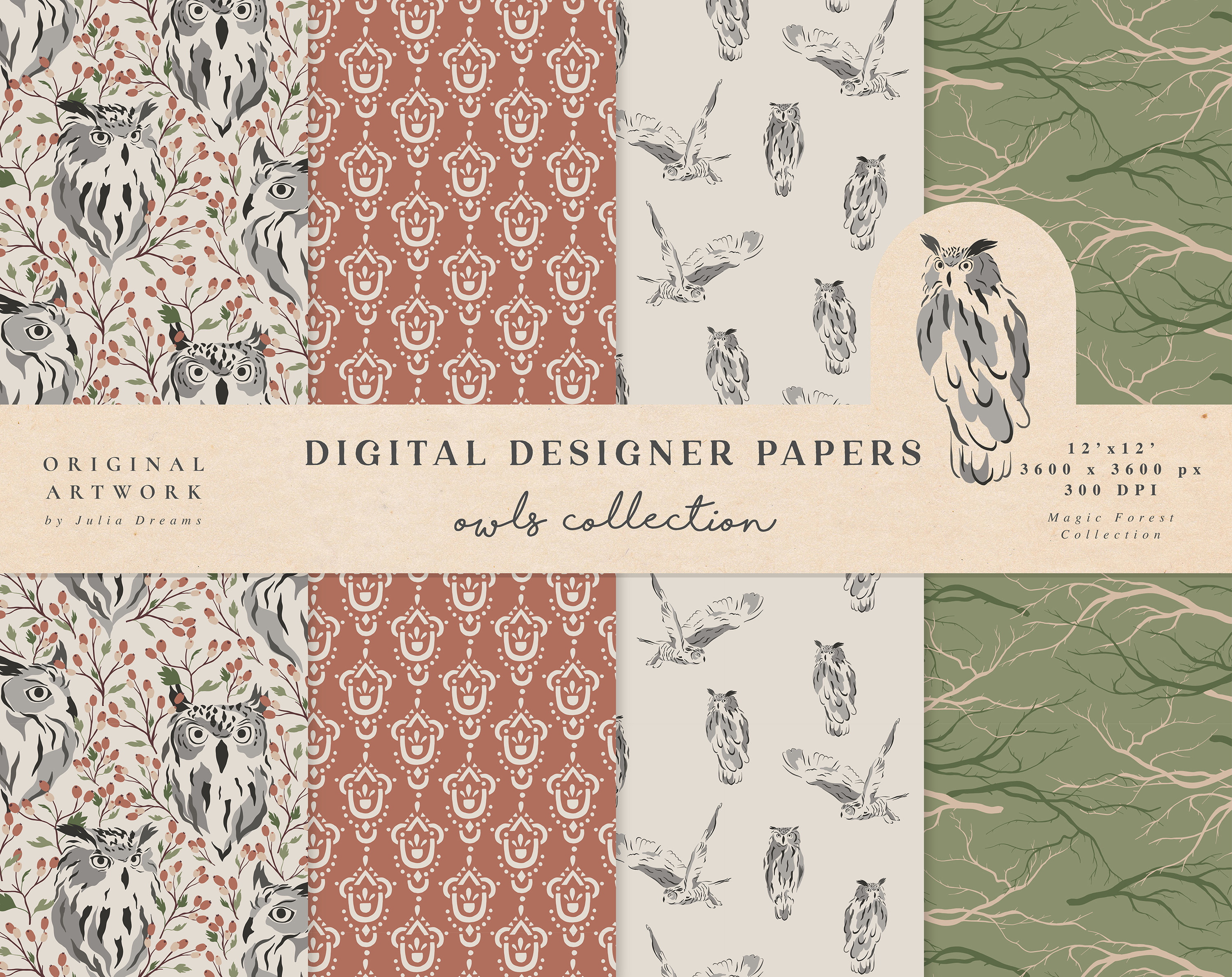 Owls Digital Papers - Commercial Use - Scrapbook Paper - Seamless Pattern - Forest Designer Paper - 