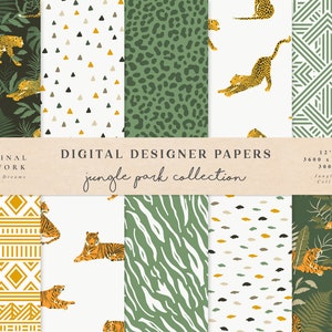 Jungle Digital Paper - Papier do scrapbookingu - Wzory bezszwowe - Tło cyfrowe - Zestaw papieru do druku - Leopard Tiger Tropical Wild Pack