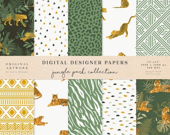 Jungle Digital Paper - Scrapbook Paper - Seamless Patterns - Digital Background - Printable Paper Set - Leopard Tiger Tropical Wild Pack