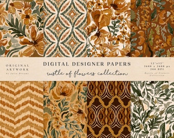 Rustle Of Flowers Digital Papers - Scrapbook Papers - Seamless Patterns - Digital Background - Watercolor Paper Set - Autumn Orange Leaves