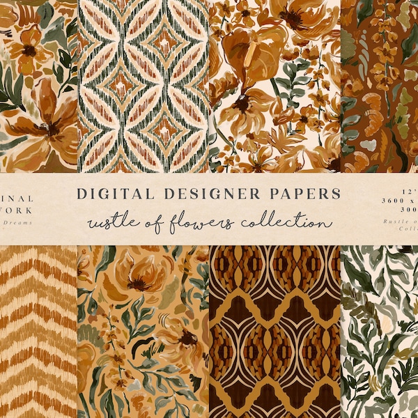 Rustle Of Flowers Digital Papers - Scrapbook Papers - Seamless Patterns - Digital Background - Watercolor Paper Set - Autumn Orange Leaves