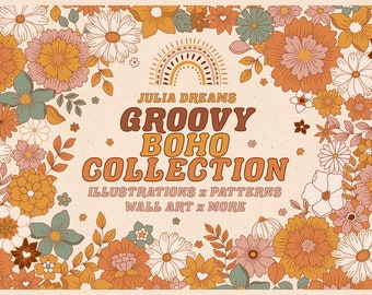 Groovy Boho Digital Clipart Collection - Individual PNG Files Logo Elements - Wedding Branding - Hippie Digital Papers - Peace 70s Flowers