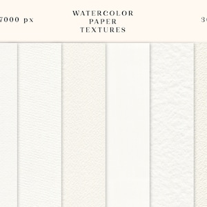 Peut inclure: Cinq textures de papier aquarelle blanc avec un grain subtil. Les textures sont dispos&eacute;es en rang&eacute;e de gauche &agrave; droite. Le texte "WATERCOLOR PAPER TEXTURES" est en haut de l'image. Le texte "5000 x 7000 px" est en haut &agrave; gauche de l'image. Le texte "300 DPI" est en haut &agrave; droite de l'image. Le texte "ORIGINAL ARTWORK by Julia Dreams" est en bas &agrave; gauche de l'image.