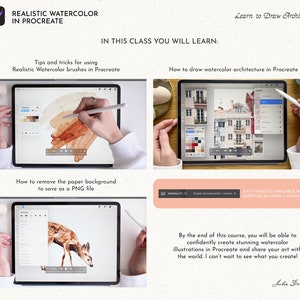May include: A digital illustration course on how to draw watercolor architecture in Procreate. The course includes tips and tricks for using realistic watercolor brushes, removing the paper background, and saving as a PNG file. Each video is available with subtitles in many languages.