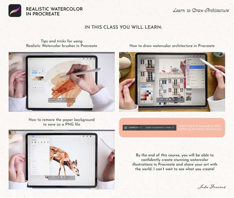May include: A digital illustration course on how to draw watercolor architecture in Procreate. The course includes tips and tricks for using realistic watercolor brushes, removing the paper background, and saving as a PNG file. Each video is available with subtitles in many languages.