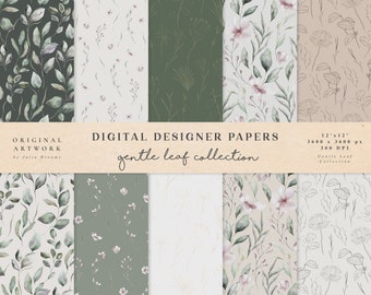 Papier numérique Gentle Leaf - Papiers aquarelles - Motifs sans couture - Fond numérique - Ensemble de papier imprimable - Feuilles florales