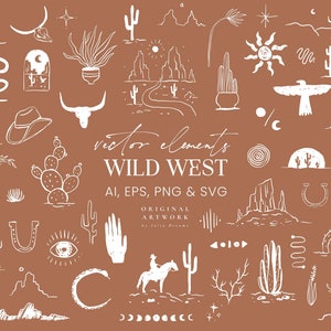 Clipart vetorial de oeste selvagem - SVG ocidental - Aventura ao ar livre PNG - Clipart de natureza - Silhueta Cowboy Cactus Mountain Snake Mão Lua Sol